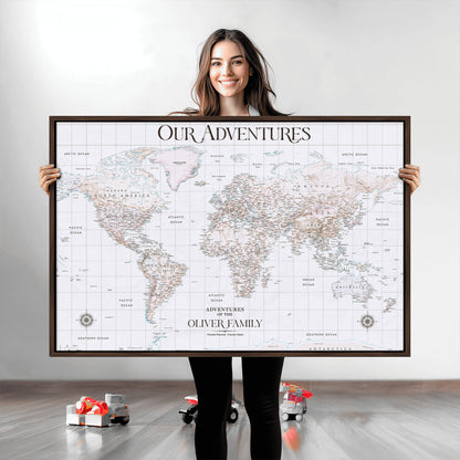 40041157-MGV-CV-36X24-Custom Push Pin World Map Wall Canvas Print – Personalized Travel Tracker with Pins – Framed Large Multi-Size Canvas for Home Office Decor