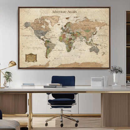 Custom Push Pin World Map Wall Canvas Print – Personalized Travel Tracker with Pins – Framed Custom Quotie Canvas for Home Office Decor