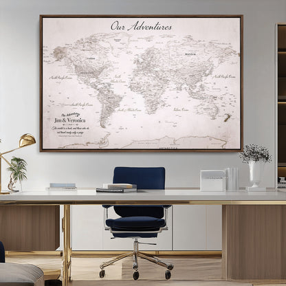 Customize Push Pin World Map Wall Canvas Print – Personalized Travel Map with Foam Pins – Framed Custom Quotie Canvas for Home Office Decor