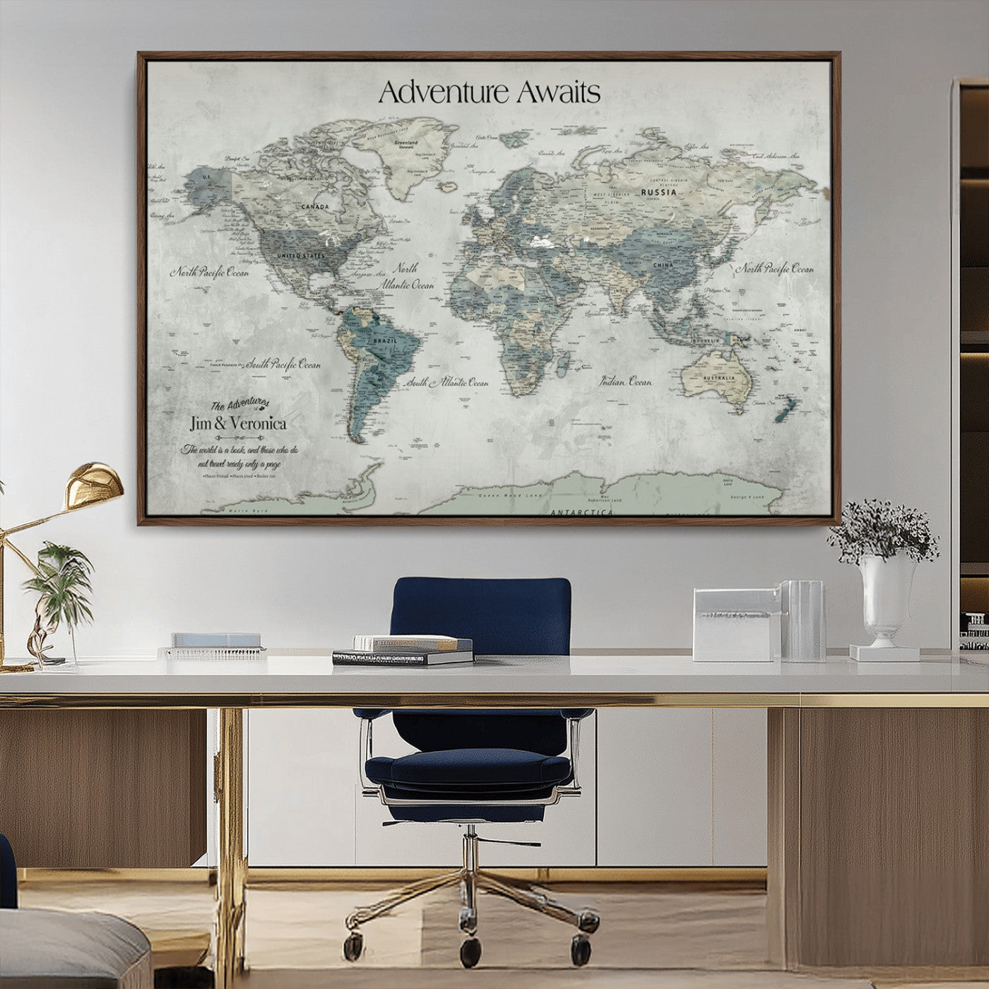 Customize Push Pin World Map Wall Canvas Print – Personalized Travel Tracker with Pins – Framed Custom Quotie Canvas for Home Office Decor