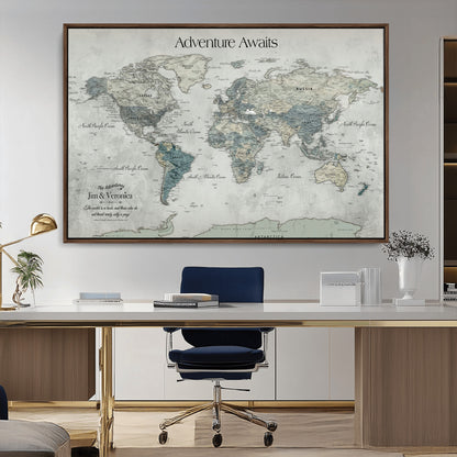 Customize Push Pin World Map Wall Canvas Print – Personalized Travel Tracker with Pins – Framed Custom Quotie Canvas for Home Office Decor