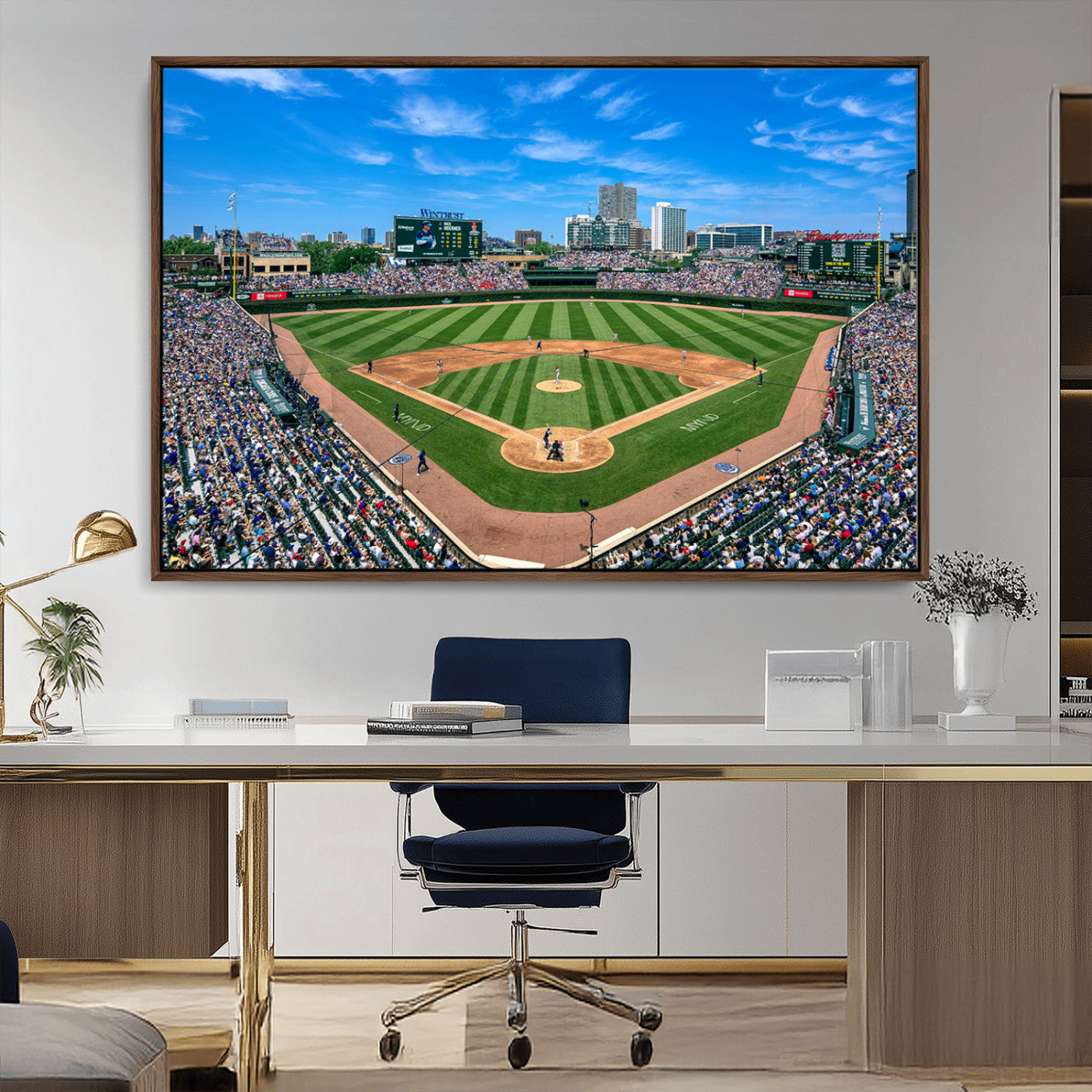 Wrigley Field Baseball Stadium Canvas Wall Art, Packed Crowd Sports Stadium Print, City Skyline Baseball Field Canvas for Game Room Decor