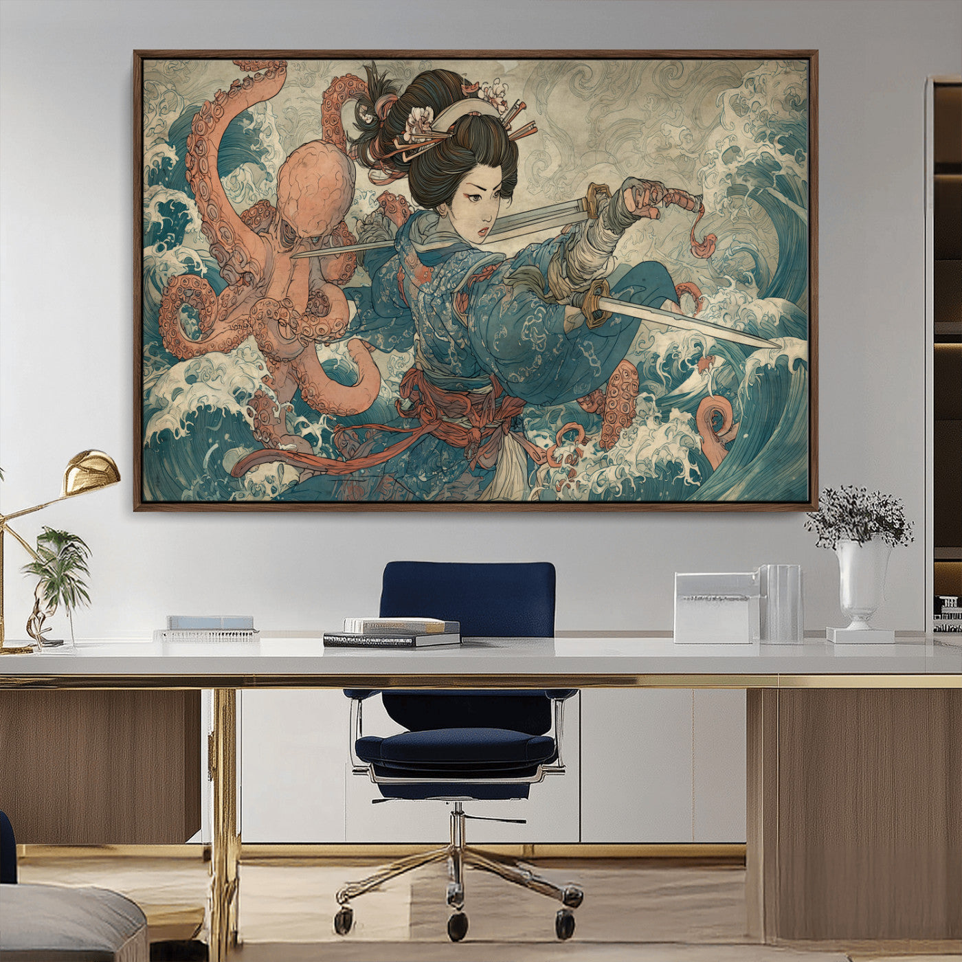Tsukioka Yoshitoshi Samurai Wall Art Print, Japanese Katana Warrior Canvas Wall Art, Octopus Sea Monster Canvas Print,