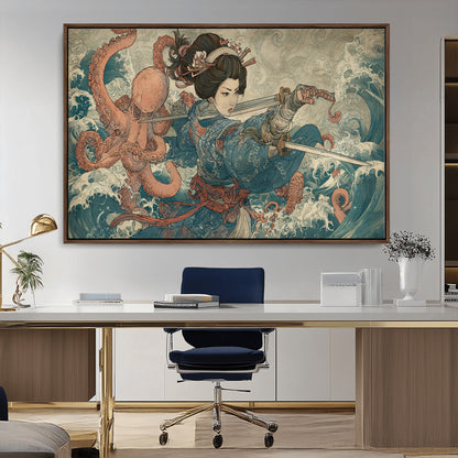 Tsukioka Yoshitoshi Samurai Wall Art Print, Japanese Katana Warrior Canvas Wall Art, Octopus Sea Monster Canvas Print,