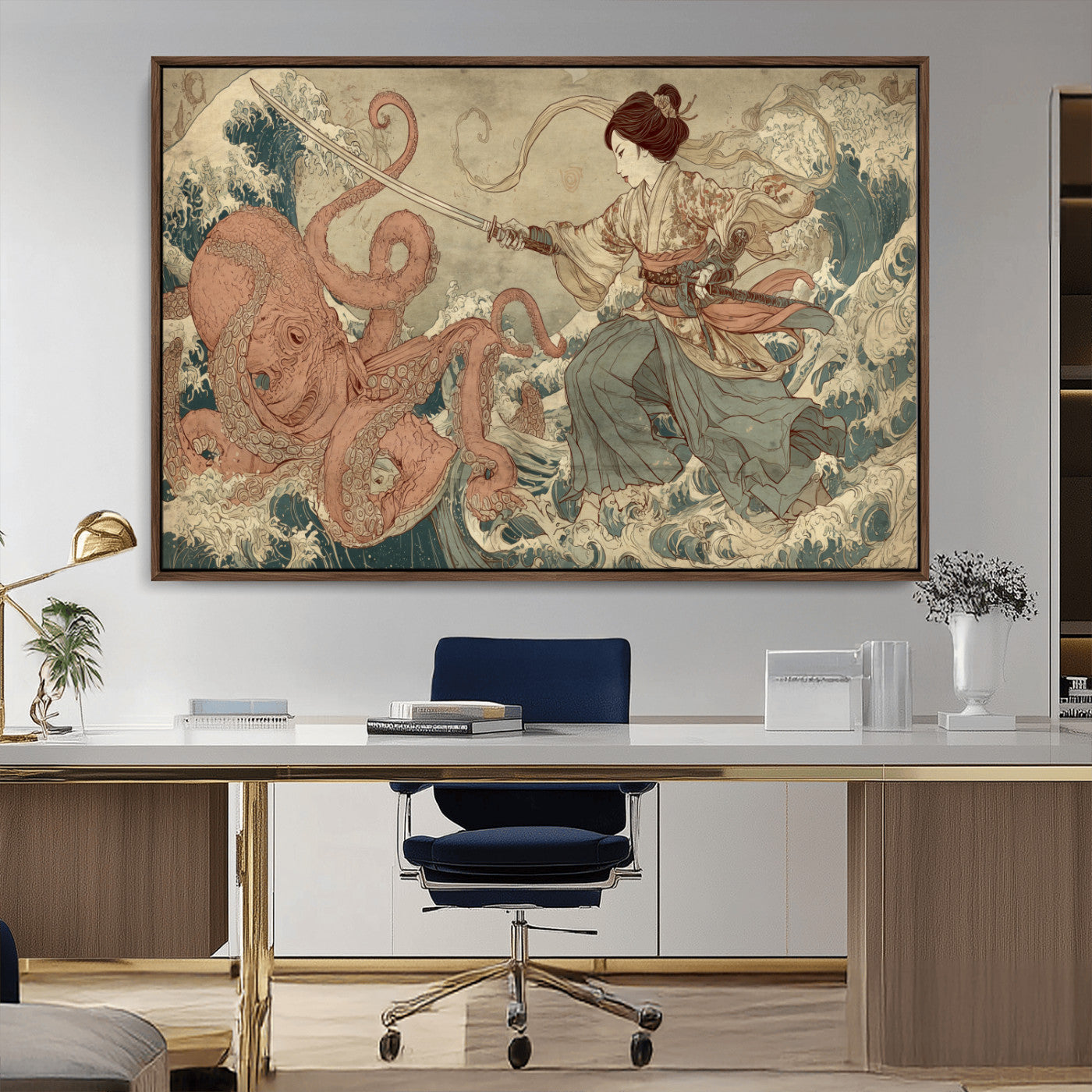Tsukioka Yoshitoshi Samurai Wall Art Print, Japanese Katana Warrior Canvas Wall Art, Octopus Sea Monster Canvas Print,