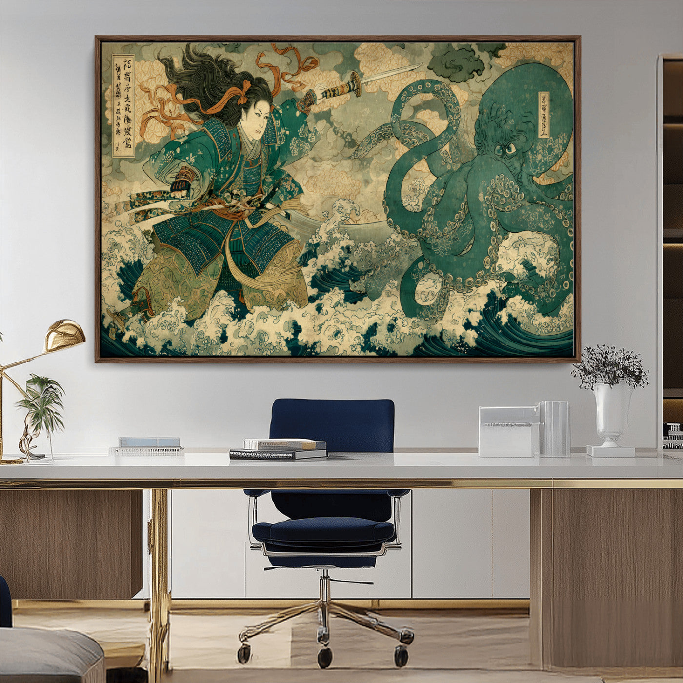 Tsukioka Yoshitoshi Samurai Wall Art Print, Japanese Katana Warrior Canvas Wall Art, Octopus Sea Monster Canvas Print,