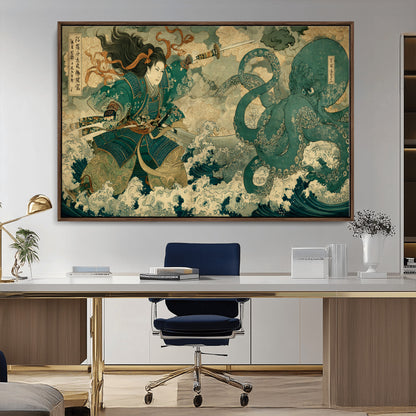 Tsukioka Yoshitoshi Samurai Wall Art Print, Japanese Katana Warrior Canvas Wall Art, Octopus Sea Monster Canvas Print,