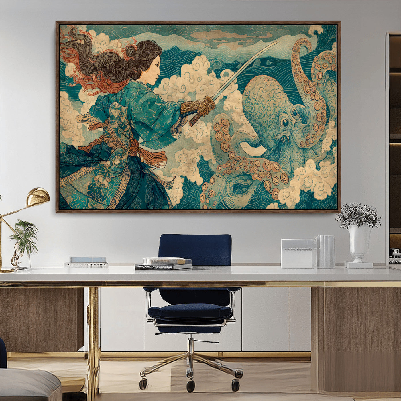 Tsukioka Yoshitoshi Samurai Wall Art Print, Japanese Katana Warrior Canvas Wall Art, Octopus Sea Monster Canvas Print,