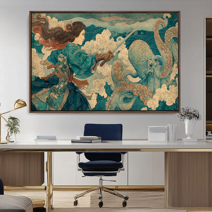 Tsukioka Yoshitoshi Samurai Wall Art Print, Japanese Katana Warrior Canvas Wall Art, Octopus Sea Monster Canvas Print,