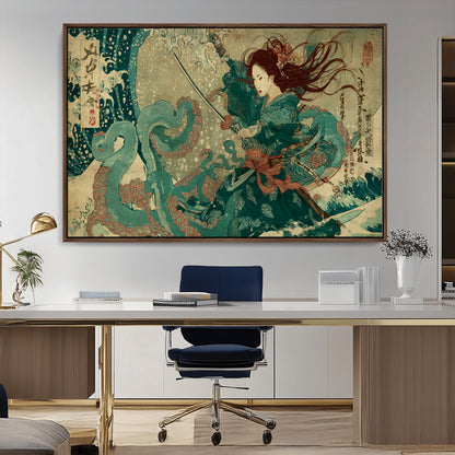 Tsukioka Yoshitoshi Samurai Wall Art Print, Japanese Katana Warrior Canvas Wall Art, Octopus Sea Monster Canvas Print,