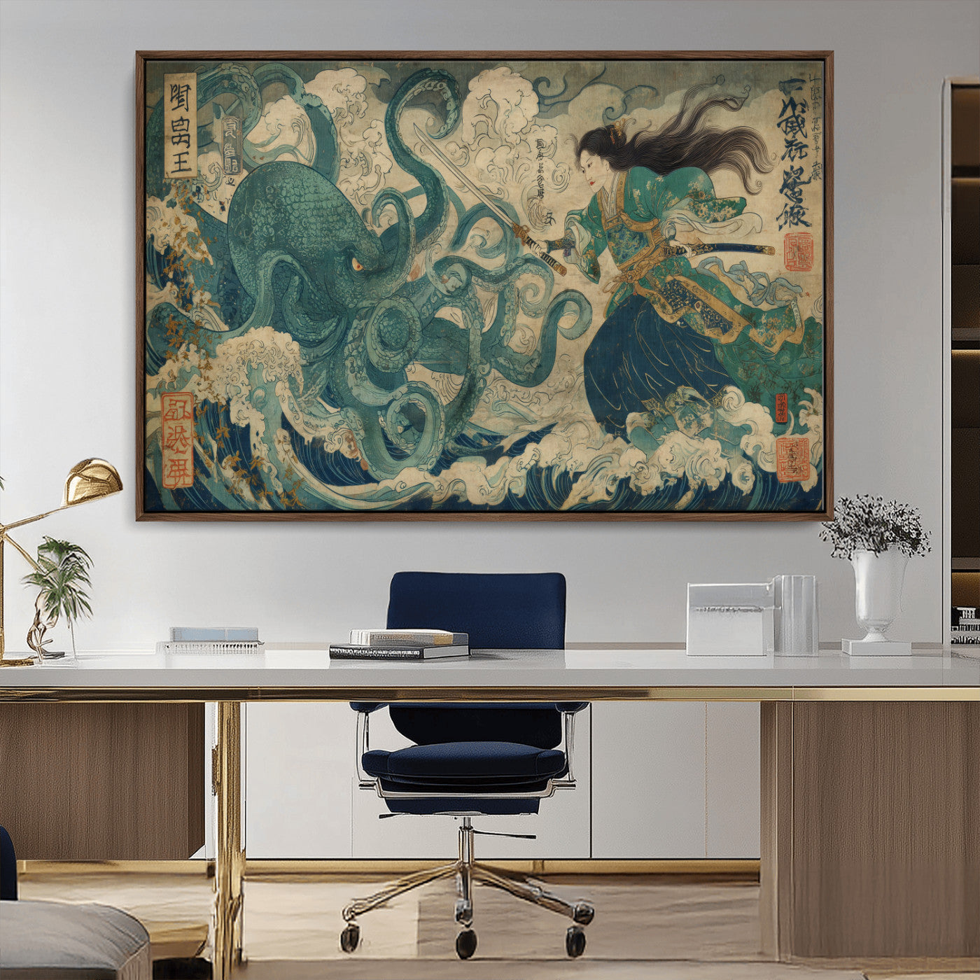 Tsukioka Yoshitoshi Samurai Wall Art Print, Japanese Katana Warrior Canvas Wall Art, Octopus Sea Monster Canvas Print,