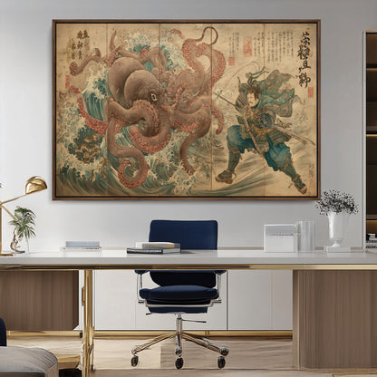Tsukioka Yoshitoshi Samurai Wall Art Print, Japanese Katana Warrior Canvas Wall Art, Octopus Sea Monster Canvas Print,
