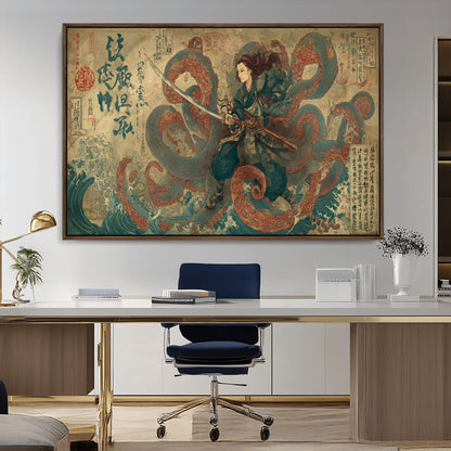 Tsukioka Yoshitoshi Samurai Wall Art Print, Japanese Katana Warrior Canvas Wall Art, Octopus Sea Monster Canvas Print,