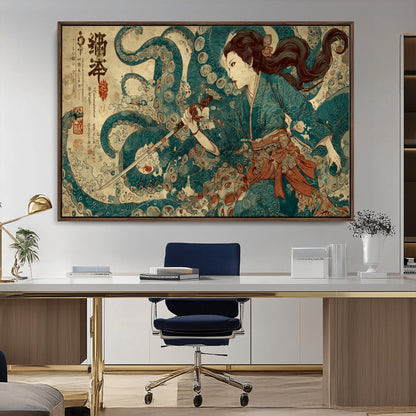 Tsukioka Yoshitoshi Samurai Wall Art Print, Japanese Katana Warrior Canvas Wall Art, Octopus Sea Monster Canvas Print,