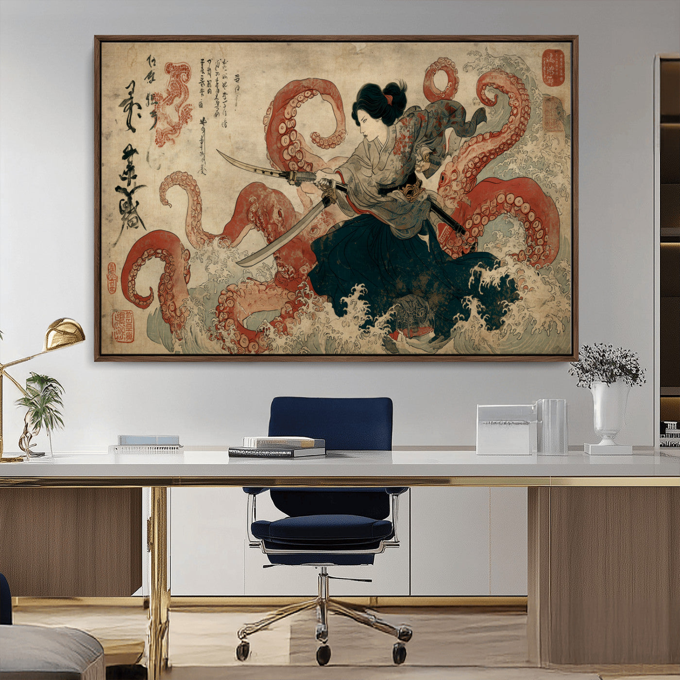 Tsukioka Yoshitoshi Samurai Wall Art Print, Japanese Katana Warrior Canvas Wall Art, Octopus Sea Monster Canvas Print,