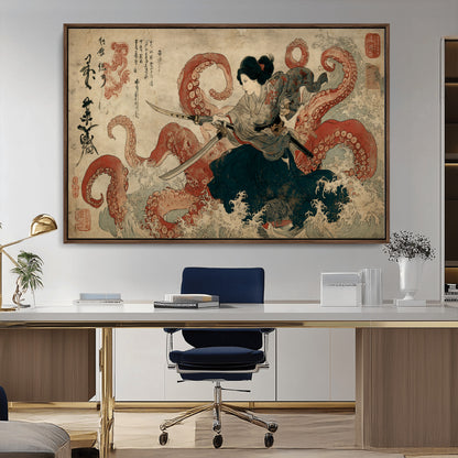 Tsukioka Yoshitoshi Samurai Wall Art Print, Japanese Katana Warrior Canvas Wall Art, Octopus Sea Monster Canvas Print,