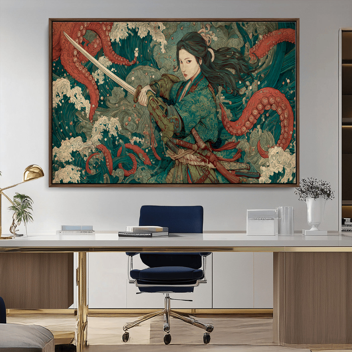 Tsukioka Yoshitoshi Samurai Wall Art Print, Japanese Katana Warrior Canvas Wall Art, Octopus Sea Monster Canvas Print,