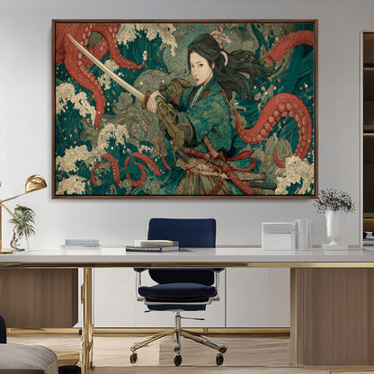 Tsukioka Yoshitoshi Samurai Wall Art Print, Japanese Katana Warrior Canvas Wall Art, Octopus Sea Monster Canvas Print,