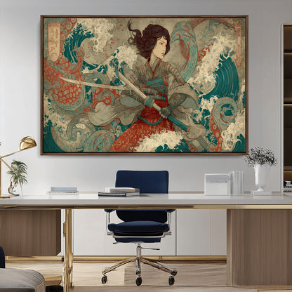 Tsukioka Yoshitoshi Samurai Wall Art Print, Japanese Katana Warrior Canvas Wall Art, Octopus Sea Monster Canvas Print,