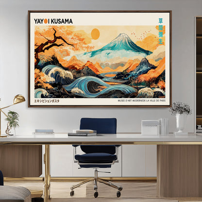 Modern Japanese-style art print featuring a stylized Mount Fuji, flowing waves, and vibrant landscapes in bold colors, inspired by traditional and contemporary aesthetics.