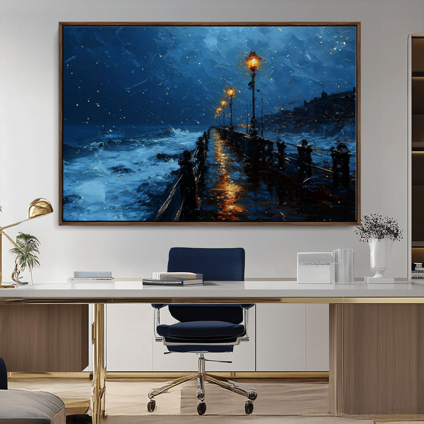 "Impressionistic painting of a rainy pier at night with glowing street lamps reflecting on the wet surface, ocean waves crashing under a dark blue sky."