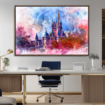 Watercolor canvas of a dreamy Disney-style castle in pastel pink and blue tones, perfect for fairytale or whimsical home decor.