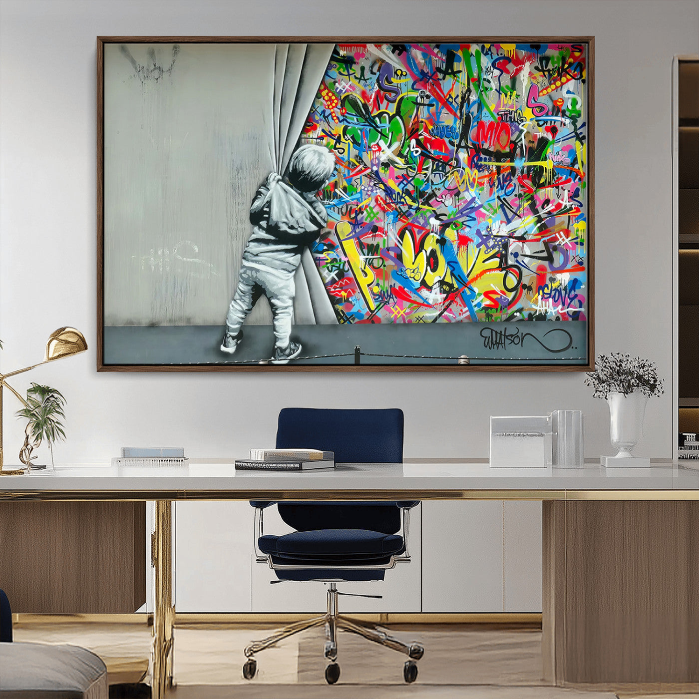 Canvas showing a child revealing a vibrant graffiti world behind a gray wall, ideal for bold and urban street-style decor.