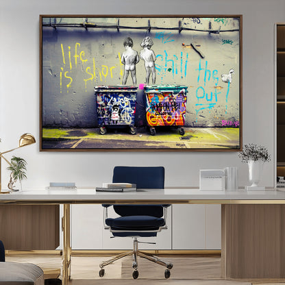 Graffiti-style canvas art with bold text and two naked figures over urban dumpsters, ideal for edgy or street-style decor.