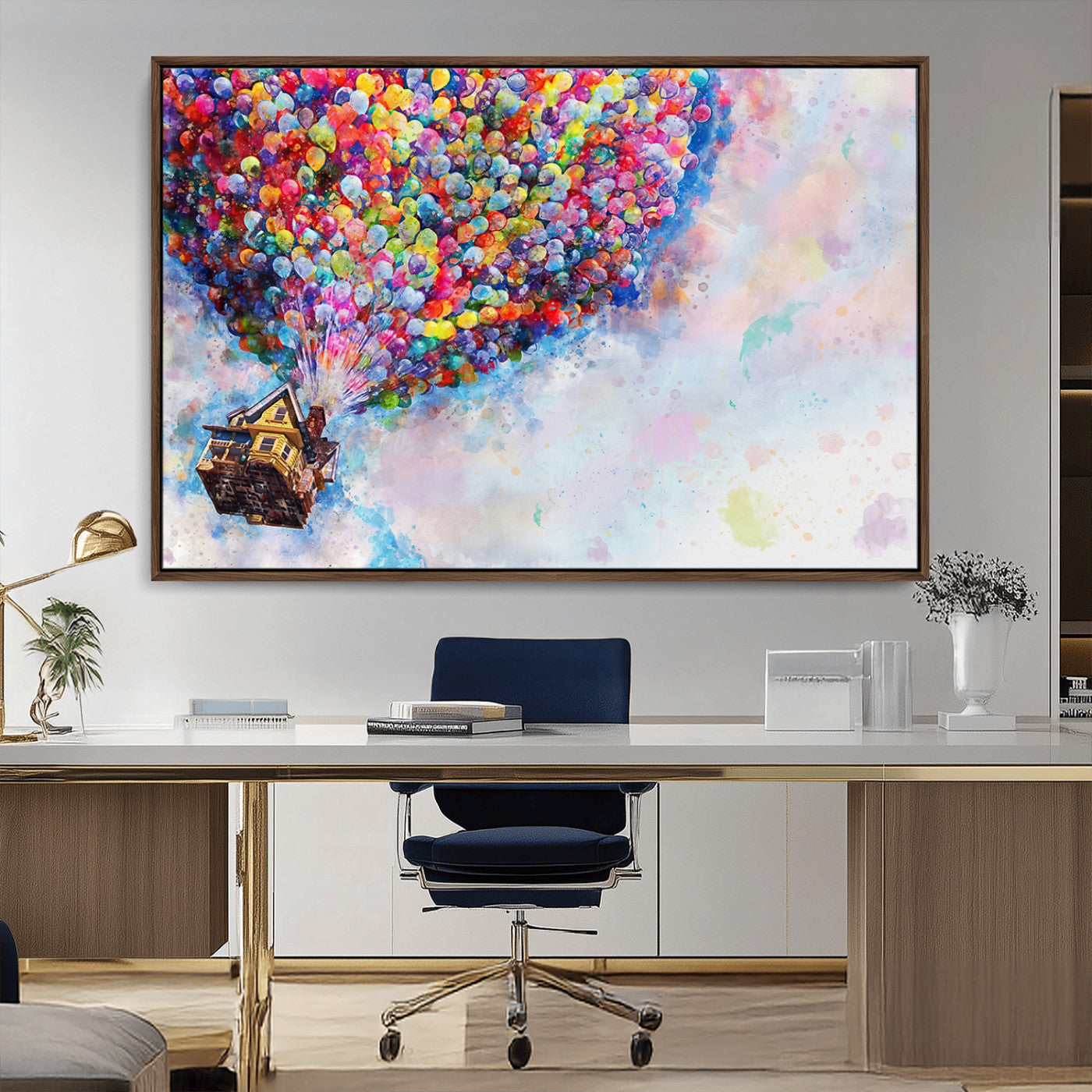 Whimsical canvas of the house from the movie Up flying with colorful balloons, ideal for Pixar or animation-themed decor.