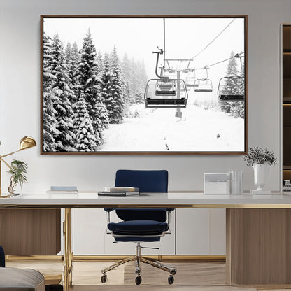 Black and white canvas of empty ski lifts over a snowy pine forest, perfect for minimal winter or ski lodge-inspired decor.