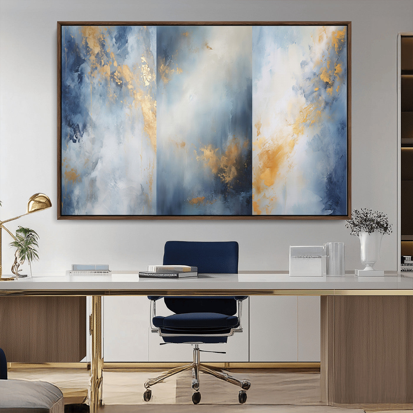 Abstract canvas art in soft blue and gold tones with textured brushstrokes, ideal for elegant or modern neutral decor spaces.