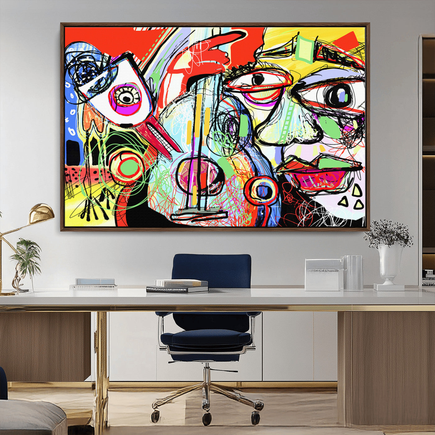 Colorful abstract portrait in graffiti style, featuring vibrant lines and chaotic energy, perfect for urban modern home decor.