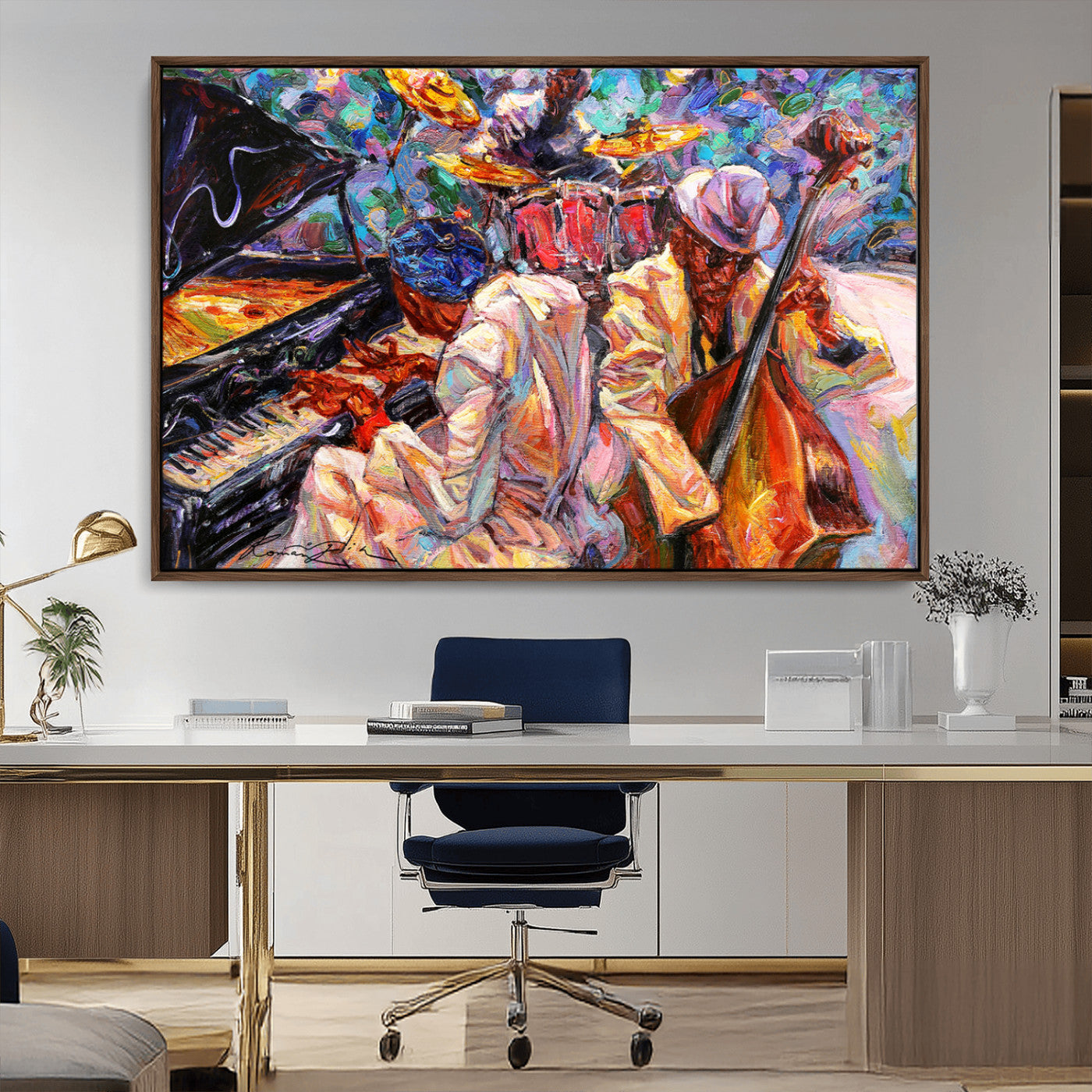 Vibrant oil painting of a jazz band with piano, saxophone, and bass, ideal for colorful and expressive music-themed home decor.