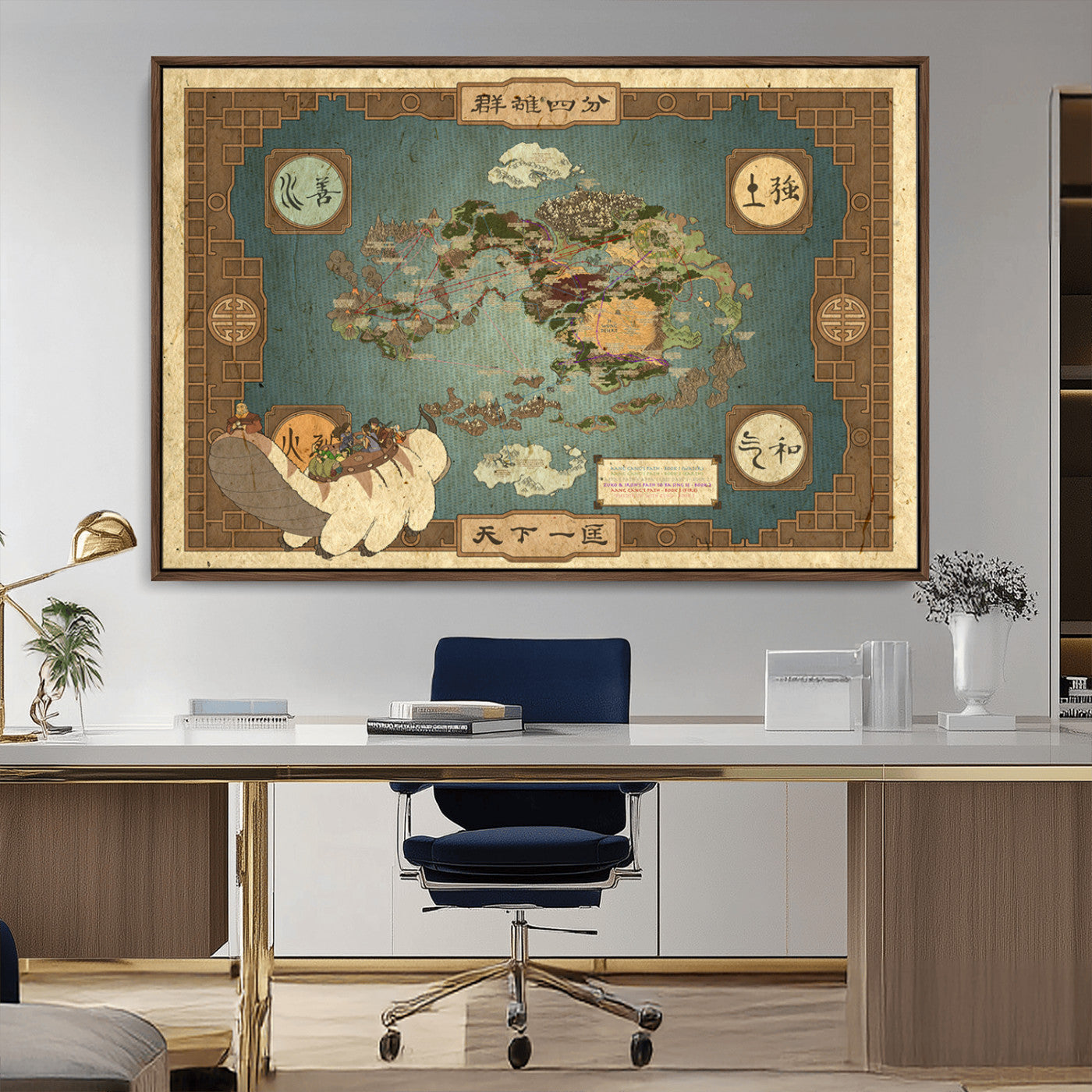 Fantasy map of the Avatar world showing four elemental nations, ideal for vintage pop culture or animated series themed wall decor.