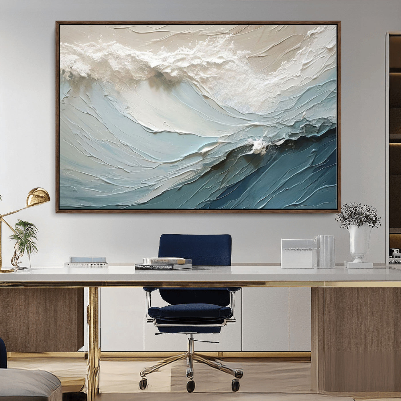 Textured canvas of ocean waves in soft coastal blues and creamy whites, ideal for modern or minimalist coastal-style interiors.
