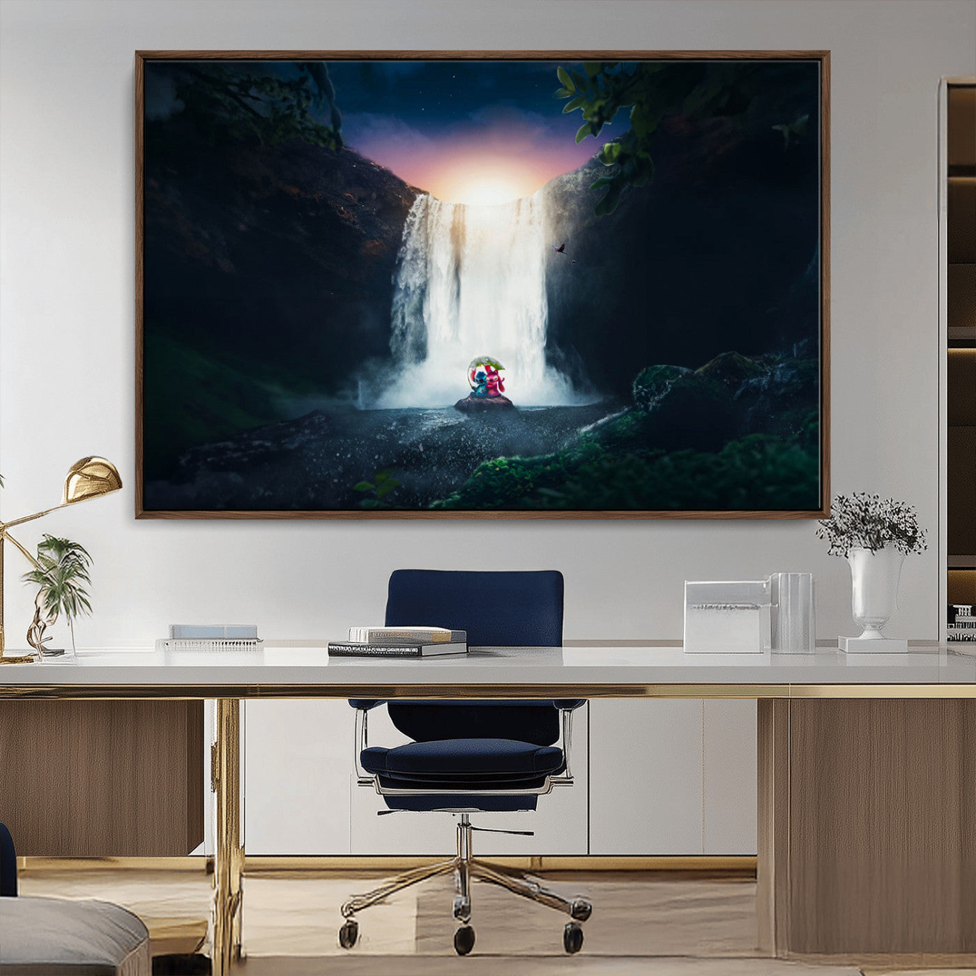Romantic scene of Stitch and Angel sitting under a leaf in front of a glowing waterfall, ideal for tropical or fantasy-themed decor.