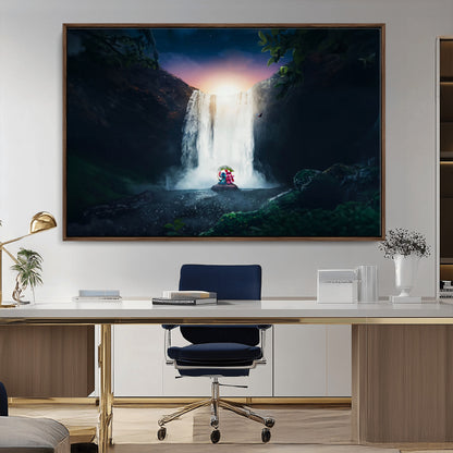 Romantic scene of Stitch and Angel sitting under a leaf in front of a glowing waterfall, ideal for tropical or fantasy-themed decor.