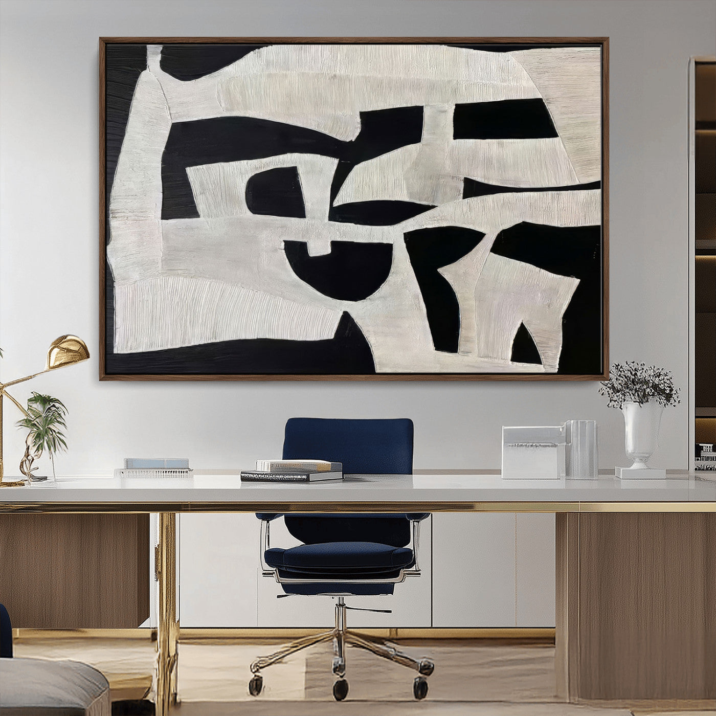 Minimalist black and white canvas featuring bold abstract textures and geometric shapes, ideal for modern neutral decor.