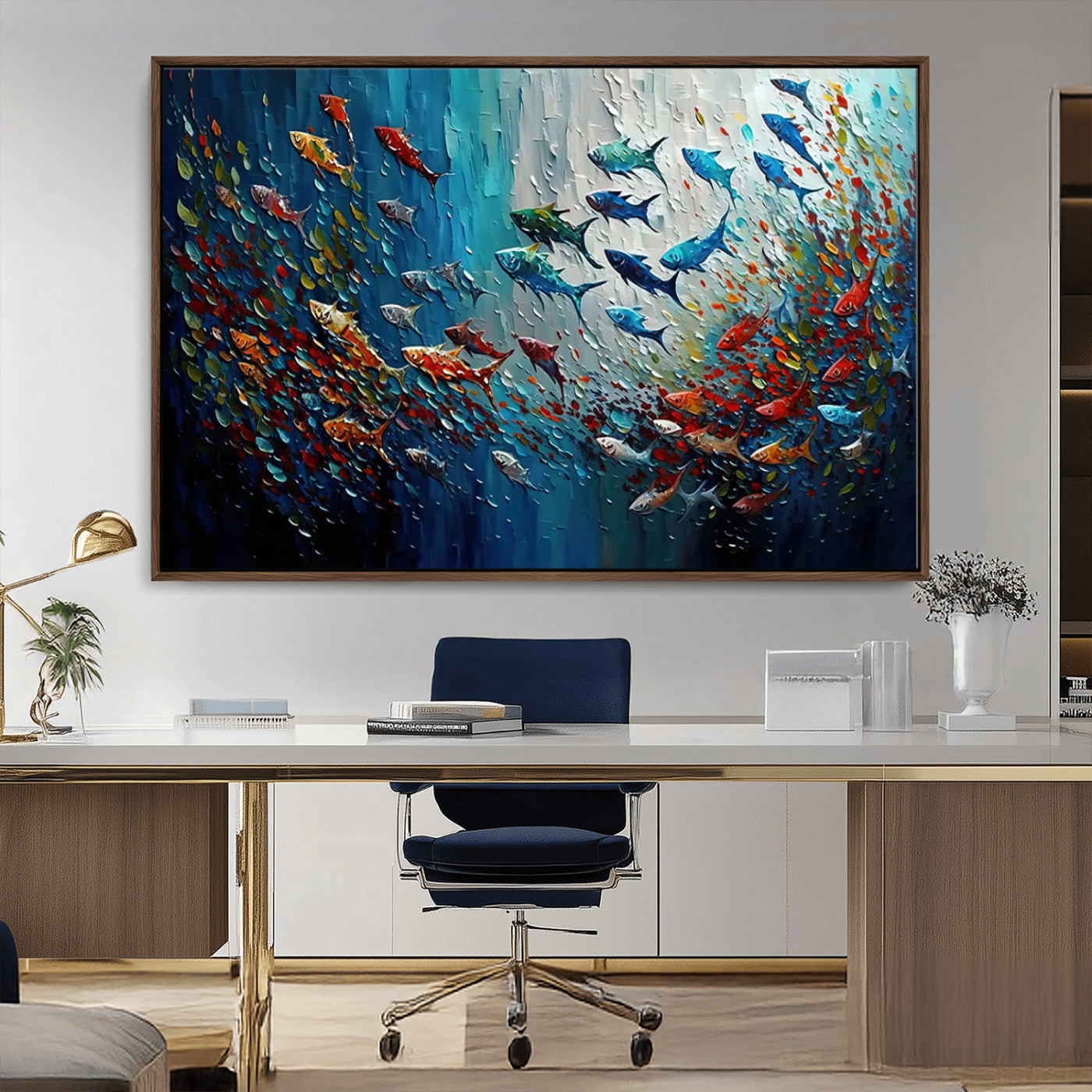 Colorful painting of fish swimming in abstract ocean swirls, perfect for vibrant marine-themed or expressive coastal home decor.