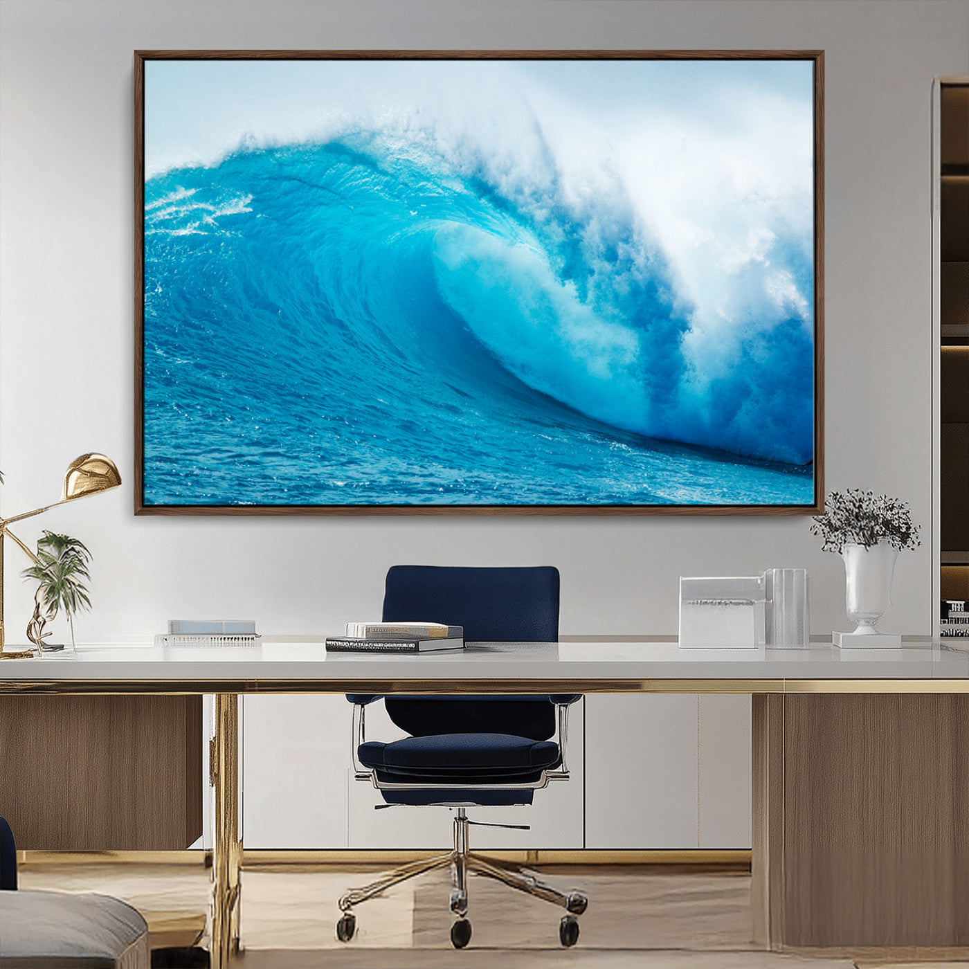 Vibrant canvas of a powerful curling ocean wave in tropical blue tones, perfect for coastal or surf-inspired decor settings.