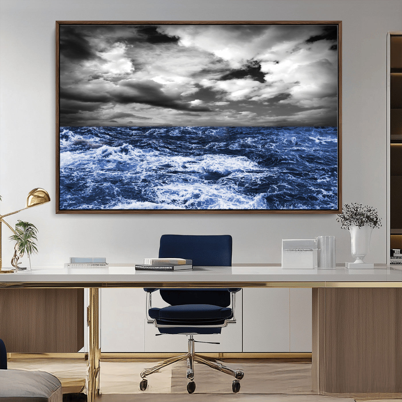 Moody canvas wall art of a stormy ocean under a dramatic black-and-white sky, perfect for bold or coastal-style interiors.