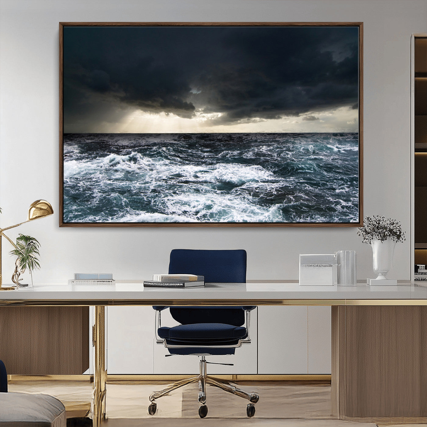 Moody ocean scene with stormy skies and crashing waves, perfect for dramatic or coastal-style home wall decor.