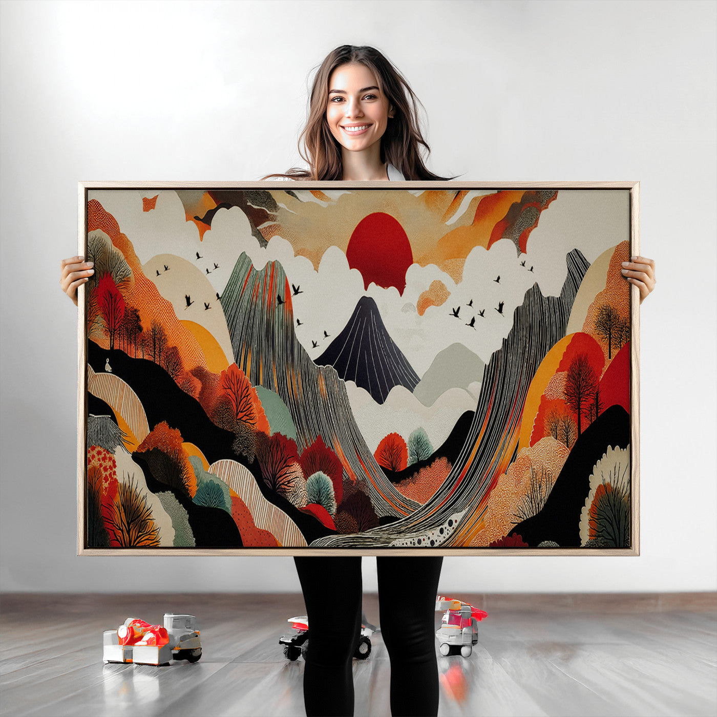 Abstract Mountain Wall Art Canvas Print, Vibrant Landscape Print, Framed Stylized Nature Drawing Art Print, Large Sunset Mountains Printing Perfect for Contemporary Minimalist Decor