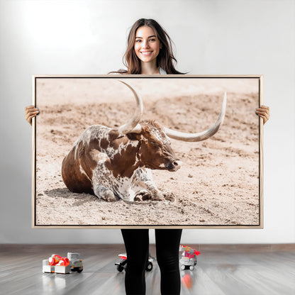 Texas Longhorn bull resting on dusty ground with warm tones, ideal for rustic western or farmhouse-themed wall decor.