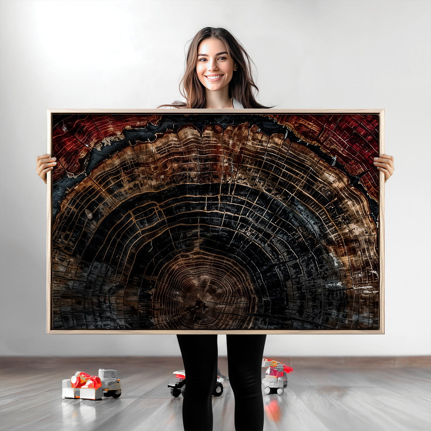Dark Wood Wall Art Print - Petrified Tree Canvas Print, featuring an intricate tree ring pattern with deep earthy tones and organic textures, perfect for rustic and nature-inspired decor.