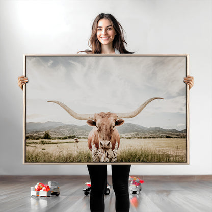 Longhorn Wall Art Print - Western Cow Canvas Print, featuring a majestic Texas longhorn in a rustic prairie setting, perfect for farmhouse and western decor.