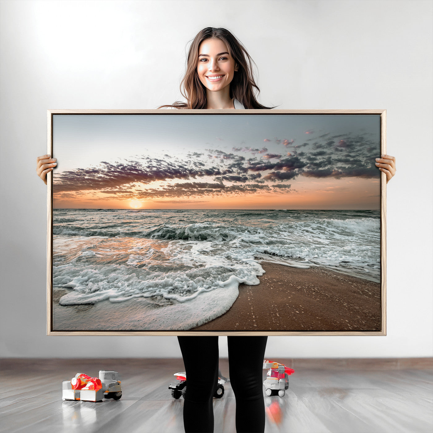 Ocean Sunset Wall Art Print - Beach Waves Canvas Print, featuring a serene seascape with golden sunlight reflecting on gentle waves, perfect for coastal and minimalist decor.