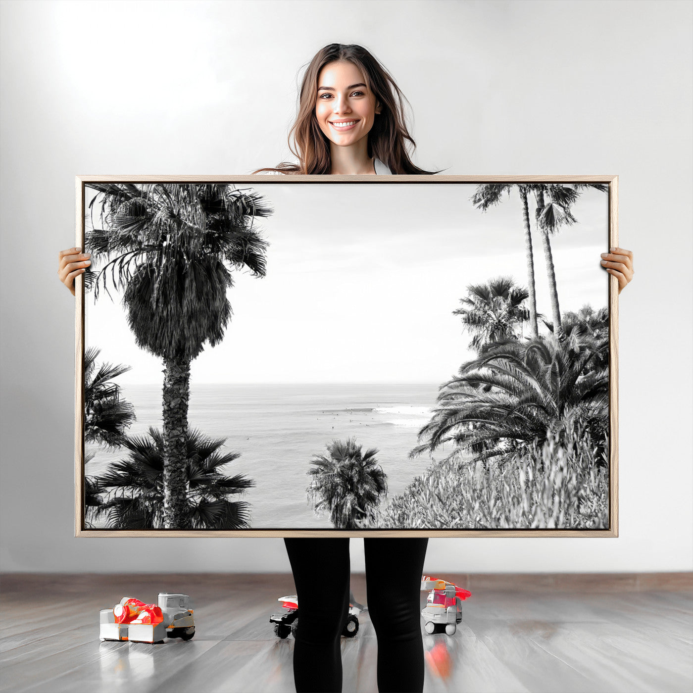 Monochrome canvas of palm trees framing a coastal surf scene, perfect for California-inspired or retro black-and-white beach decor.
