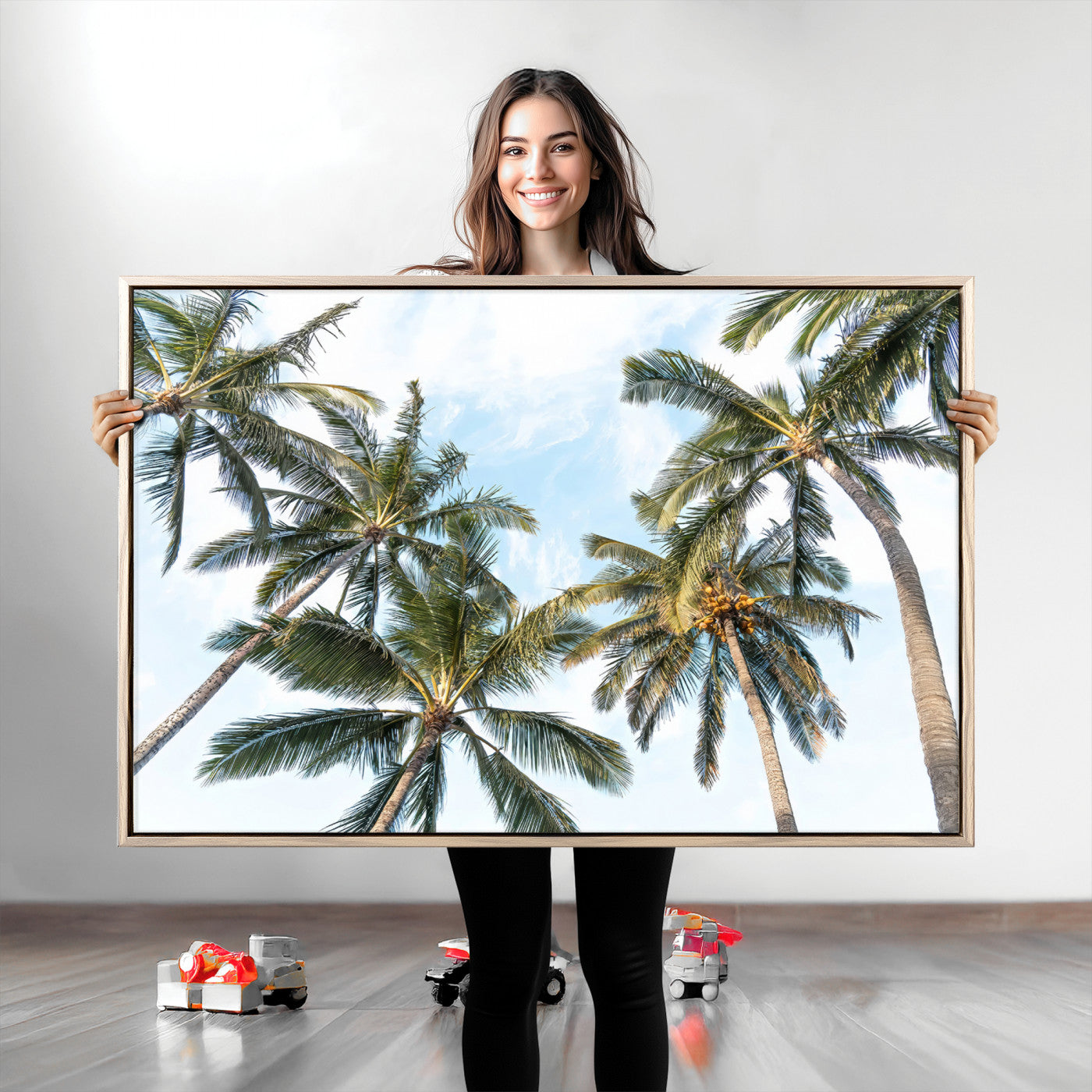 Framed canvas of tall palm trees reaching into a tropical sky, ideal for beach home or relaxed island-inspired wall decor.