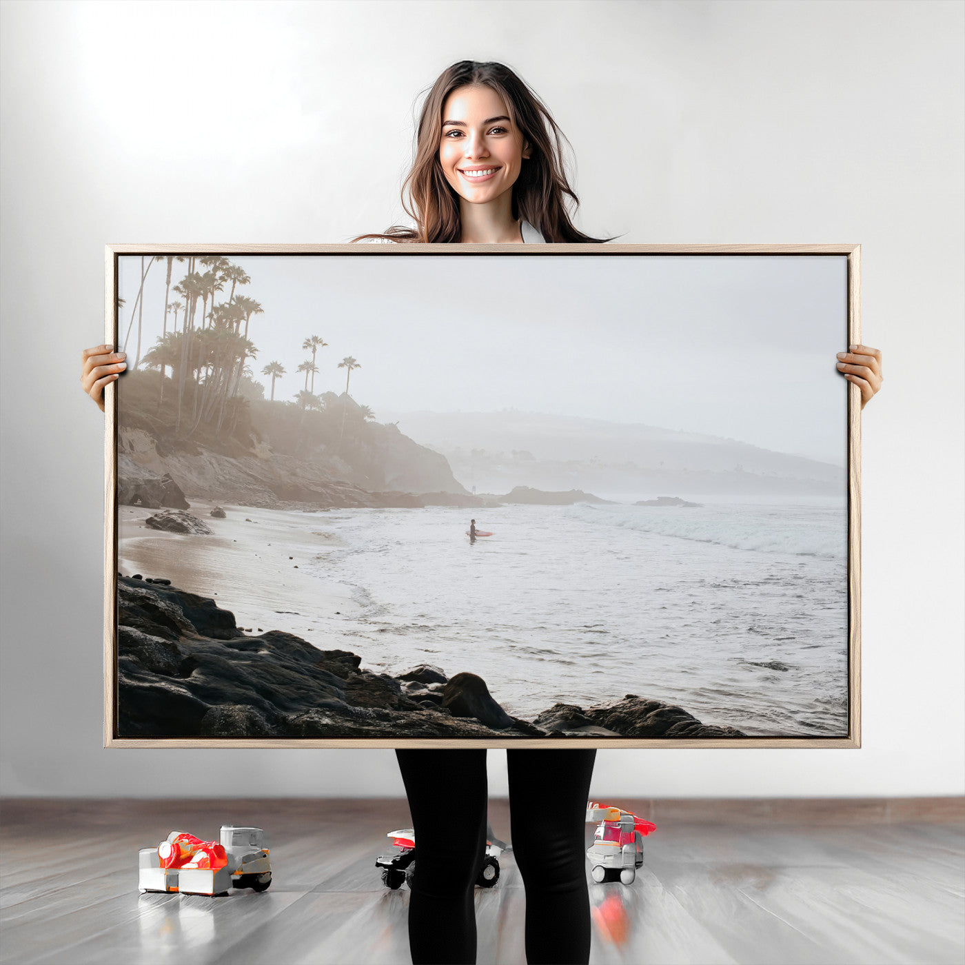 Framed canvas of a surfer in misty coastal tones at a foggy California beach, ideal for minimalist coastal beach or serene ocean-themed decor.
